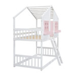Twin over Twin House Bunk Bed with Roof , Window, Window Box, Door , with Safety Guardrails and Ladder, Pink/White - imagine 2