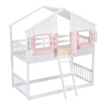 Twin over Twin House Bunk Bed with Roof , Window, Window Box, Door , with Safety Guardrails and Ladder, Pink/White - imagine 5