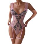 Pink Playful and Cute Girly Pure Temptation Style Sexy Underwear Embroidery Splicing Polka Dot Mesh Bodysuit - imagine 5