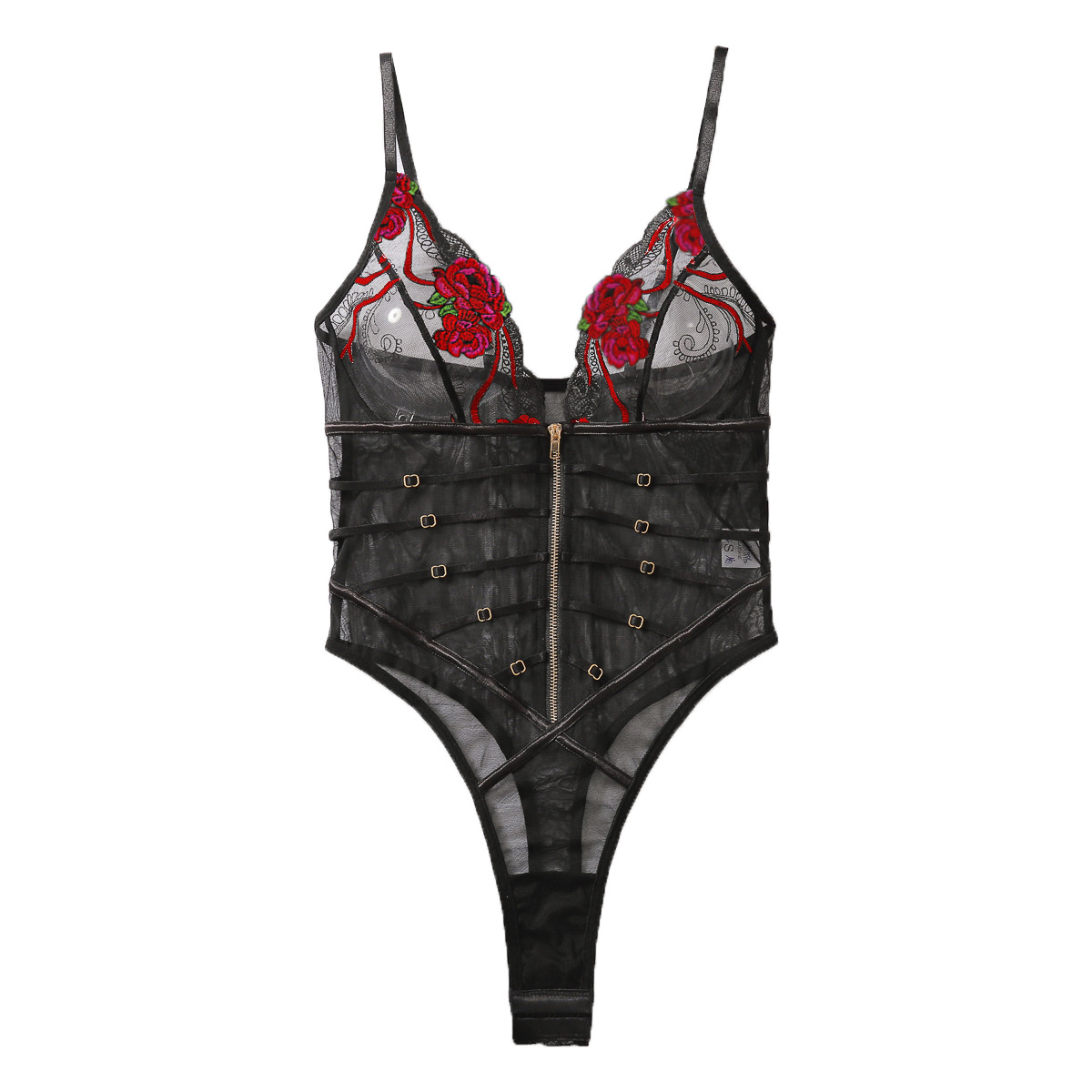 558095154 Lace mesh transparent V-neck seductive suspender jumpsuit - imagine 1