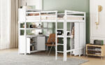 Wood Loft Bed with Cabinet and Bookshelf, Full Size Loft with Wardrobe and Desk for Kids,White - imagine 4