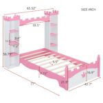 Castle-Shaped Wooden Bed with Storage Shelf, Dreamy Twin Size Platform Bed for Kids Bedroom, White + Pink - imagine 2