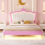 Full Size Upholstered Bed Frame with LED Lights, Modern Upholstered Princess Bed with Crown Headboard, Pink+White - imagine 9