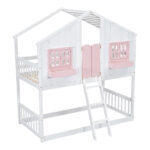 Twin over Twin House Bunk Bed with Roof , Window, Window Box, Door , with Safety Guardrails and Ladder, Pink/White - imagine 4