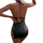Black PU Leather Studded Metal Hollow Out Halter Neck Strapless Sexy Deep V Lingerie Sleep Dress for Women - imagine 5