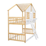 Twin over Twin House Bunk Bed with Roof , Window, Window Box, Door , with Safety Guardrails and Ladder, Natural/White - imagine 11