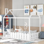 {Slats are not included}Twin Size Wood Bed House Bed Frame with Fence for KidsTeens Girls Boys {White} - imagine 12