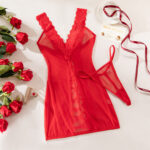 Sexy Lace Trim Nightdress Women Transparent Mesh Tie Lingerie Two-Piece Set - imagine 8