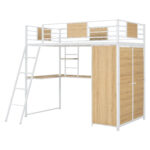 Twin Size Loft bed with L-shape Desk and Wardrobe, White - imagine 11