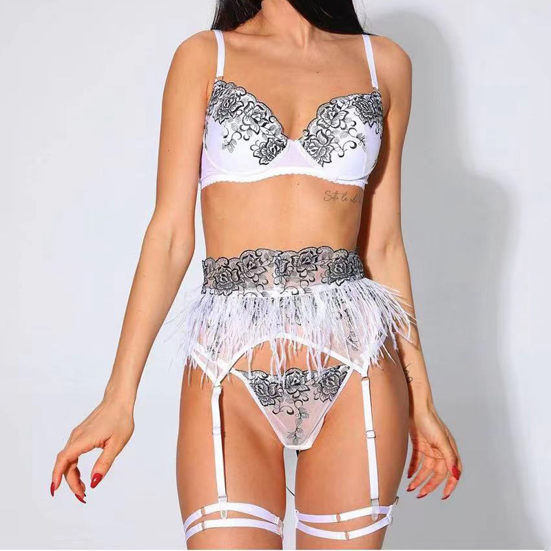 558093066 Embroidered sexy bra and erotic lingerie set black floral feather lingerie - imagine 1
