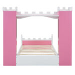 Castle-Shaped Wooden Bed with Storage Shelf, Dreamy Twin Size Platform Bed for Kids Bedroom, Pink+ White - imagine 5
