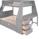 Twin over Full Bunk Bed with Trundle and Built-in Desk, Three Storage Drawers and Shelf,Gray - imagine 4