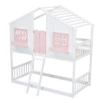 Twin over Twin House Bunk Bed with Roof , Window, Window Box, Door , with Safety Guardrails and Ladder, Pink/White - imagine 25