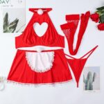 Christmas Red Maid Costume Halter Heart Hollow Out Sexy 4-Piece Set for Women - imagine 6
