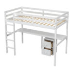 Twin Loft Wood Bed with Under-bed, Built-in Desk, a Storage Cabinet of 2 Drawers, Guardrails, Ladder,White - imagine 23