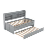Twin Size Wooden Captain Bed with Built-in Bookshelves,Three Storage Drawers and Trundle Light Grey - imagine 3