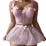 Sexy 3D Flower Bow Tie Sequin Mesh Skirt Lingerie Set - imagine 5