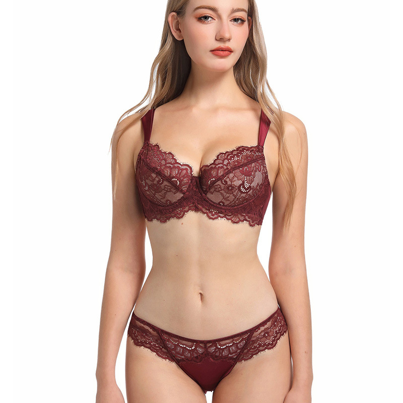 558092439 Women's Sexy Thin Cotton Eyelash Lace Bra Large Chest Minimizer Anti-Sagging Plus Size Lingerie Set - imagine 1