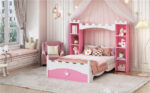 Castle-Shaped Wooden Bed with Storage Shelf, Dreamy Twin Size Platform Bed for Kids Bedroom, Pink+ White - imagine 3