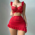 Style Lingerie Set - Lace Transparent Bra, Mini Skirt, and Thong Three-Piece Passionate Uniform - imagine 3