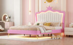 Full Size Upholstered Bed Frame with LED Lights, Modern Upholstered Princess Bed with Crown Headboard, Pink+White - imagine 15