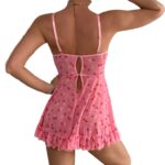 European Women's Fashionable Mesh Dress with Print, Strapless Hollow-out Design, Cute Girly Pink Camisole Nightgown Transparent Set - imagine 5