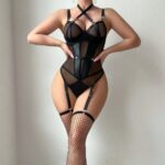 Perspective mesh seductive corset neck hanging lingerie set for women - imagine 5