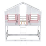 Twin over Twin House Bunk Bed with Roof , Window, Window Box, Door , with Safety Guardrails and Ladder, Pink/White - imagine 7