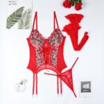 Floral Embroidery Cross-Tie Women's Sexy Lingerie Set Red Valentine's Day Gift Three-Piece Set - imagine 6