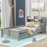 Wood Twin Size Platform Bed with Built-in LED Light Storage Headboard and Guardrail Antique Grey - imagine 6