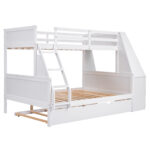 Twin over Full Bunk Bed with Trundle and Built-in Desk, Three Storage Drawers and Shelf,White - imagine 15