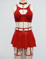 Lace Sexy Lingerie Set Bra Set Solid Color Leather Skirt with Fishnet Stockings Women's - imagine 7