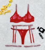 Cross-border Sexy Lingerie Lace Trim Rhinestone Transparent Thong Garter Belt Four-piece Set - imagine 9