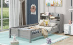 Wood Twin Size Platform Bed with Built-in LED Light Storage Headboard and Guardrail Antique Grey - imagine 7