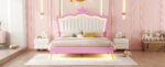 Full Size Upholstered Bed Frame with LED Lights, Modern Upholstered Princess Bed with Crown Headboard, Pink+White - imagine 4
