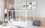 {Slats are not included}Twin Size Wood Bed House Bed Frame with Fence for KidsTeens Girls Boys {White} - imagine 3