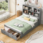 Full Size Platform Bed with Storage Headboard, Charging Station and 2 Drawers, Gray - imagine 3