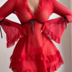 Sexy Mesh Sheer Long Sleeve Ruffle Hem Nightgown Set - imagine 2