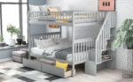 Full over Full Bunk Bed with Two Drawers and Storage, Gray - imagine 4