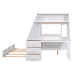 Twin over Full Bunk Bed with Trundle and Built-in Desk, Three Storage Drawers and Shelf,White - imagine 7