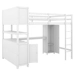 Wood Loft Bed with Cabinet and Bookshelf, Full Size Loft with Wardrobe and Desk for Kids,White - imagine 12