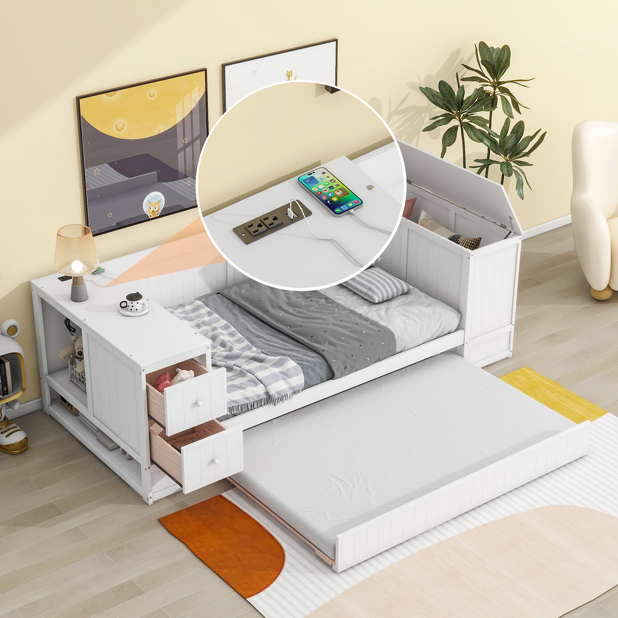 558113239 Twin Size Daybed with Storage Arms Trundle and Charging Station White - imagine 1