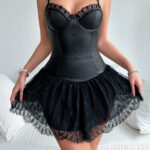 Lace sexy mesh PU spicy girl sexy suspender dress set - imagine 2