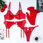 Christmas Valentine's Day Red New Year Gift  Lace Splicing Pendant Sexy Lingerie Four-Piece Set - imagine 5