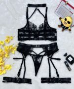 Sexy Cross-Strap Embroidered Sheer Mesh Splicing Lingerie Set for Women - imagine 6