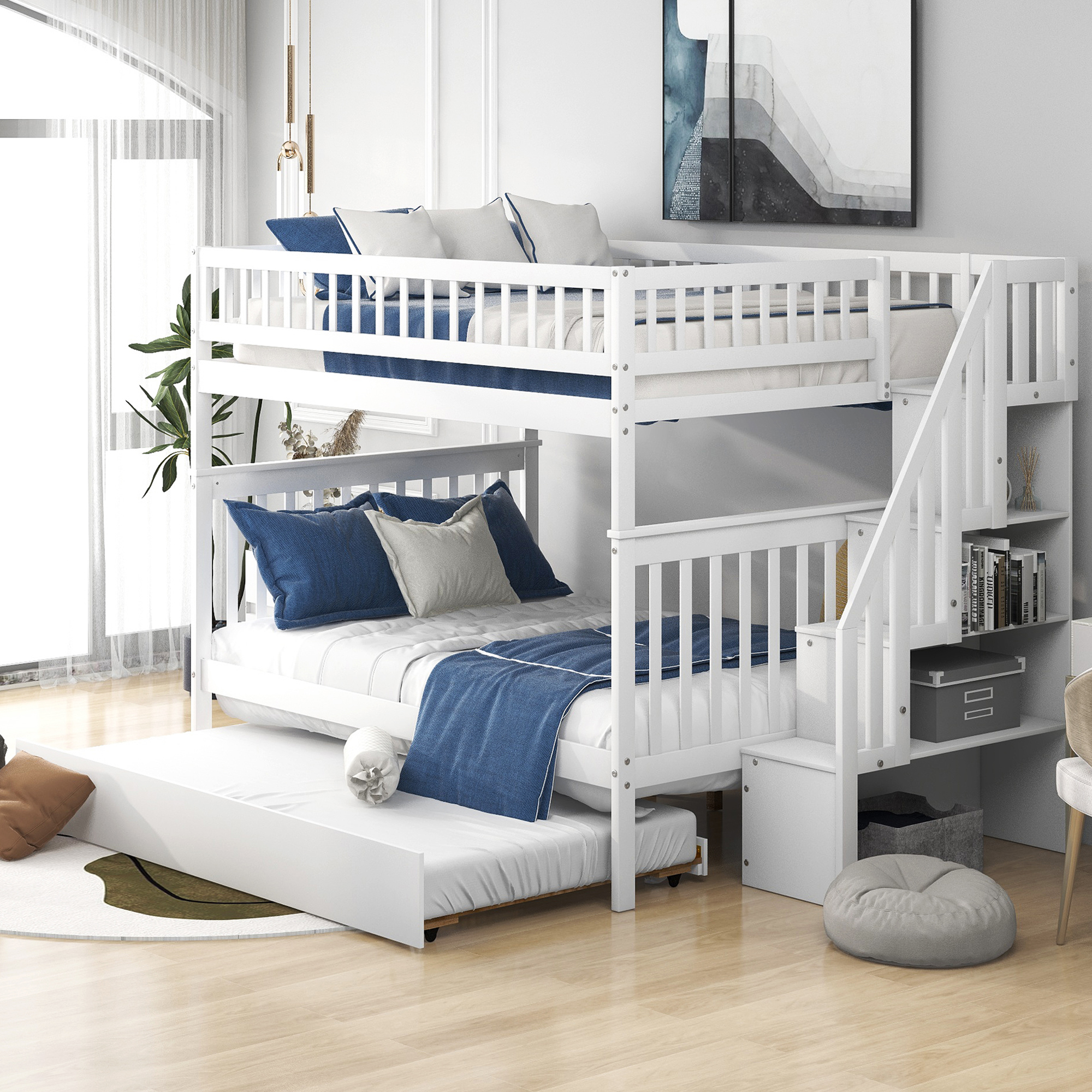 558112745 Full over Full Bunk Bed with Trundle and Staircase White - imagine 1