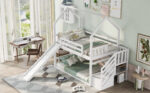 Twin over Twin House Bunk Bed with Convertible Slide,Storage Staircase,White - imagine 4