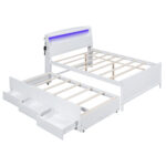 Full Size Platform Bed with Storage LED Headboard  Twin Size Trundle and 3 Drawers White - imagine 19