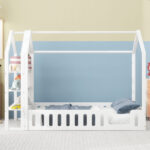 Full Size Wood House Bed with Fence and Detachable Storage Shelves, White - imagine 20