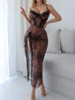 Lace Leopard Print High Slit Strap Dress with Pure Desire and Seductive Charm - imagine 6